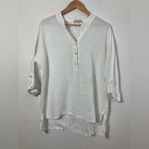 Viola Borghi Made in Italy white linen popover blouse tan sleeves Large lace